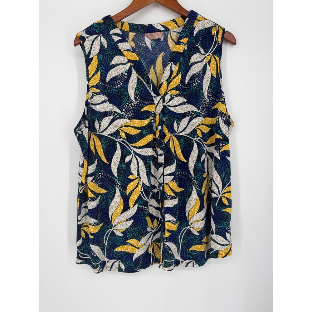 AMANA Women Tank Top 3X Blue Yellow Tropical Floral Boho Summer Sleeveless Top